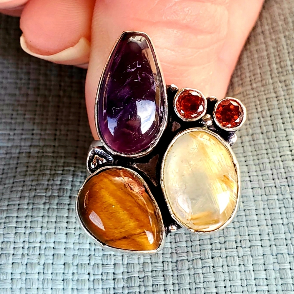 New Amethyst, Golden Rutile, Tiger Eye and Garnet 925 Silver Ring.